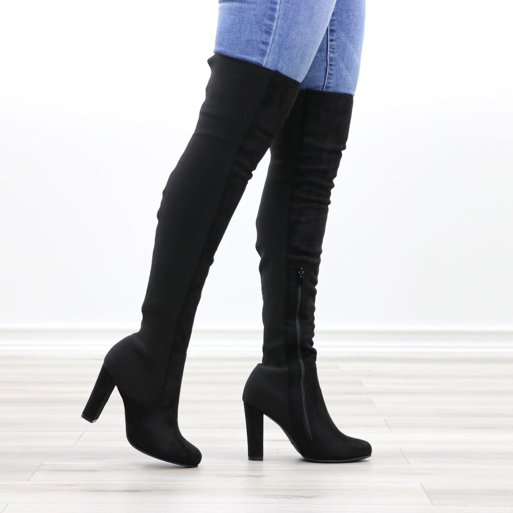 Faux Suede & Stretchy Material Thigh High Boots - Picture 13 of 13